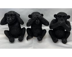 Zwarte Apen " horen, zien & zwijgen" beeldjes - zwart - set van 3 - 13 cm hoog - polyresin - decoratief