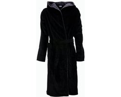 Zwarte badjas capuchon - katoen - grijze details - sauna badjas heren - XL/XXL