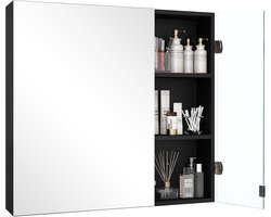 Zwarte badkamer spiegelkast - 75x70x13cm - Met glazen deur & verstelbare plank