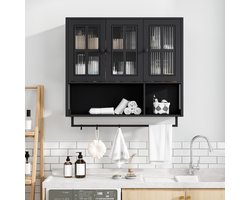 Zwarte badkamer wandkast - Medicijnkastje met glazen deur en handdoekrek - 3 deuren met open en gesloten opbergvakken - 10 kg draagkracht per plank - Verwijderbare planken - Modern design voor badkamer, woonkamer en hal