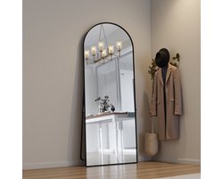 Zwarte Boogvormige Staande Spiegel 162x53 cm – Aluminium Frame met Gehard Glas, Volledige Lichaamsspiegel & Make-up Spiegel voor Slaapkamer of Hal