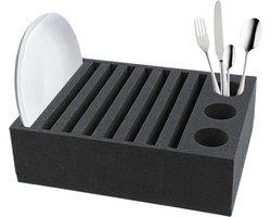 Zwarte bordenhouder en bestekhouder van vormvast schuim voor caravan en camper