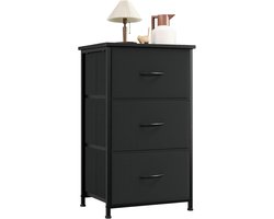 Zwarte commode met 3 stoffen laden en houten bovenblad. Ideaal voor woonkamer, hal of slaapkamer.