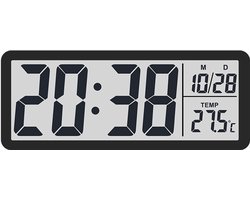 Zwarte digitale wandklok batterijgevoed met groot duidelijk cijferdisplay en temperatuurindicatie, multifunctionele klok voor woonkamer, slaapkamer, kantoor, schoolklas, garage en opslagmagazijn