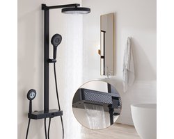 Zwarte Douche Set – Douchepaneel – Doucheset – Handdouche – Thermostaatkraan – 4 Spuitstanden – Muurbevestiging Zonder Boren – Glazen Plank 40 cm