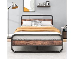 Zwarte Dubbele Bedframe van Metaal met Houten Hoofdbord en Voetbord - Stevige Ovalen Platformbed met Opbergruimte Onder het Bed - Stalen Latten Matrassenfundament Ronde Pijpen Ontwerp, Bruin