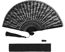 Zwarte en rode opvouwbare Japanse waaier van kant met tas, elegant voor dames en geschikt als decoratie bij bruiloften