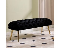 Zwarte Fluweel Bank 120 cm Geweven Design met Gouden Metalen Poten voor Woonkamer of Hal