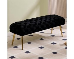 Zwarte Fluweel Ottomaanse Bank / Bed End Kruk met Metalen Poten - Stijlvolle Zitbank voor Hal of Eetkamer