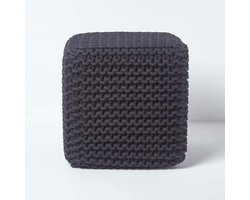 Zwarte Gebreide Kubus Voetenbank - 100% Katoen voor Woonkamer en Kinderen