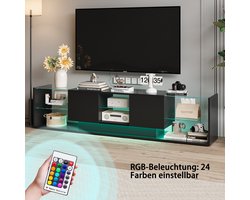 Zwarte Glanzende TV-kast - Slimme LED-verlichting, 3 Planken en 2 Laden, Modern TV-meubel voor de Woonkamer, 200 x 35 x 45 cm