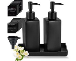 Zwarte Glazen Zeepdispenser Set - 2 Stuks - 350ML - Vierkant met Dienblad - Waterdichte Etiketten - Voor Keuken en Badkamer