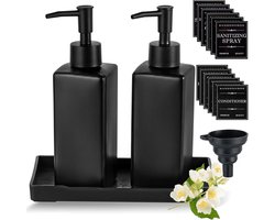 Zwarte Glazen Zeepdispenser Set - 2 Stuks - 350ML - Vierkant met Dienblad - Waterdichte Etiketten - Voor Keuken en Badkamer