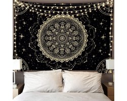 Zwarte gouden mandala wandtapijt astrologie ruimte wandtapijten wandtapijten grote esthetische hippie wanddecoratie bohemian wandkunst boho thuis wandtapijt voor slaapkamer, woonkamer, plafond