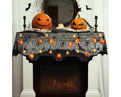 Zwarte Halloween Vuurkorf Decoratie met Esdoornbladeren en Sfeervolle Lichten voor Herfstfeesten en Buitenactiviteiten