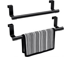 Zwarte handdoekhouder - set van 2 - handdoekrek voor over de deur - roestvrij staal - keukenhanddoekrek 36 cm - Theedoekhouder -Handdoekhouder Hangend - Handdoekhouder - Handdoekstang - Zonder Boren - Voor Keuken, Badkamer En Slaapkamer