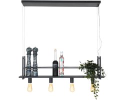 Zwarte hanglamp Buckley 2983ZW van Mexlite - Industrieel design, 100 cm breed, hoogte instelbaar van 60 tot 140 cm, materiaal: metaal, kunststof en elektronica