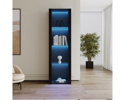 Zwarte hoogglans showcase-kast met LED-verlichting, 3 glazen compartimenten, 55*38*166cm, showcase, staande kast, hoge kast, magazijn