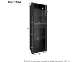 Zwarte hoogglans vitrinekast met LED-verlichting, 3 glazen planken, 55x38x166 cm, vitrine, staande kast, hoge kast, opbergkast