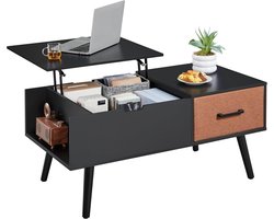 Zwarte Hoogteverstelbare Salontafel met Lift-Top & Ruime Opbergruimte – Multifunctionele Woonkamertafel Gedeeld Tafelblad met Open Vakken en Verborgen Compartiment – Perfect voor Woonkamer, Eetkamer en Moderne Living