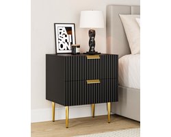 Zwarte Houten Bedside Table - Bedtafel met 2 Laden - Gouden Poten - 50 x 40 x 60 cm - Bedside Table voor Slaapkamer - Woonkamer Decor