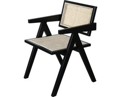 Zwarte houten design stoel met rotan - Eduard Jeanneret - bureau of eetstoel - massief hout - Chandagarh - modern wabi sabi