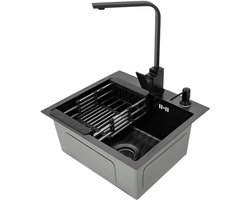 Zwarte Inbouwspoelbak RVS met Kranenset en Accessoires - Compacte Keukenafmeting (45x40 cm)
