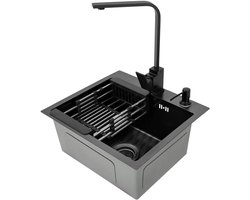Zwarte Inbouwspoelbak RVS met Kranenset en Accessoires - Compacte Keukenafmeting (45x40 cm)