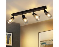 Zwarte Industriële Plafondspot met 4 Draaibare Vintage Glas & Metaal Spots - Geschikt voor Woonkamer en Keuken