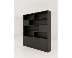 Zwarte Kast Luca - Vakkenkast - Boekenkast - Wandkast - Opbergkast - Dressoir - Ladenkast - Designkast - Donkerbruine Kast - Vitrinekast - Woonkamerkast 200x220cm