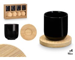 Zwarte keramische espresso kopjes set 4 – met bamboe onderzetters – koffieset 95 ml – Ø5,5 cm
