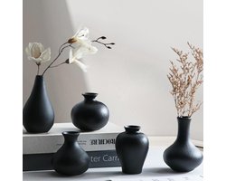 Zwarte keramische vaas - set van 5 kleine vazen voor bloemen - moderne wooncultuur - vaas met gedroogde bloemen - woonkamer decoratie - plankdecoratie - eettafel styling - boekenkast accessoires - schoorsteenmantel decor - entree ideeën