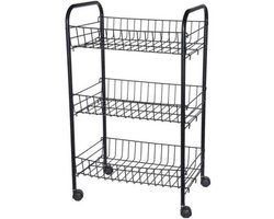 Zwarte keuken trolley met manden op wielen 39 x 23 x 64 cm