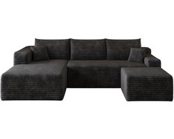Zwarte L-vormige bank 241cm - moderne minimalistische corduroy bank - comfortabele wolk bank - diepe zit met hoek - 241x151x58cm - geen montage nodig - woonkamer Zwart