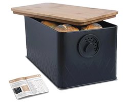 Zwarte Metalen Brooddoos met Bamboe Deksel - Grote Lunchbox met Verstelbare Ventilatie voor Vers en Schimmelvrij Brood