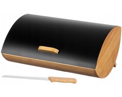 Zwarte metalen broodtrommel met bamboe deksel en broodmes