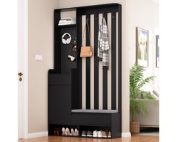 Zwarte Multifunctionele Hal Garderobe - All-in-One met Gatjesbord & Gepolsterde Bank - 100x35x180cm