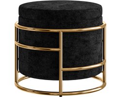 Zwarte Opbergkruk 42 x 42 x 39 cm, Voetenbank met Opbergruimte, Zithocker, Opbergpoef, Gestoffeerde Kruk met Gouden Metalen Frame, Ottomane, Voetensteun, Zitbankje, voor Woonkamer en Slaapkamer, 24 L Opbergruimte, Tot 120 kg