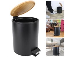 Zwarte Pedaalemmer - Soft Close - 5 Liter - Bamboe Deksel - Design Prullenbak - Inclusief EBOOK