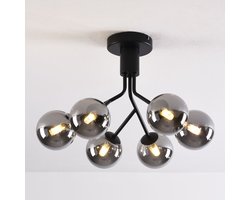 Zwarte plafondlamp met smoke glas en spiegeleffect, 6-lichts - Leon