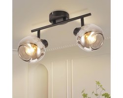 Zwarte Plafondlamp Spot 2 Vlam - 350° Draaibare Plafondspot Rookgrijs E14 Glazen Spotlight Vintage voor Slaapkamer Hal Keuken Woonkamer