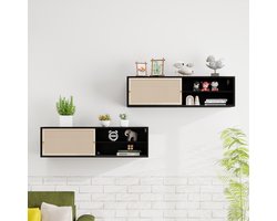 Zwarte rechthoekige wandkast 1 stuk, schuifdeuren naar links en rechts, rotan vlechtwerk, lengte 110 cm, geschikt voor slaapkamer, werkkamer, woonkamer en andere ruimtes (110x40x31 cm)