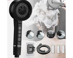 Zwarte Regendouche Set – Handdouche + Boorvrije Houder + 1,5m Metalen Slang + 3 Filters – Drukverhogend