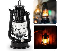 Zwarte retro OLIELAMP, metalen lantaarn, windlicht met vlamregeling – 24 cm