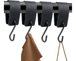 Zwarte S-haak met leren lus, 4 stuks, kledinghaken, metalen haken voor kledingrail en kast