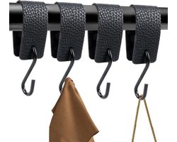 Zwarte S-haak met leren lus, 4 stuks, kledinghaken, metalen haken voor kledingrail en kast