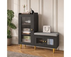 Zwarte Schoenenkast met Zitting 100 x 35 cm - Opbergkast met Geribbeld Glas, Gouden Poten en Zacht Zitkussen - Schoenenmeubel voor Hal en Entree