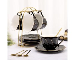 Zwarte set theekopjes en schoteltjes, 4-delige set (200 ml), luxe Britse theekopjesset met metalen standaard, moderne thee-/koffiekopjes met gouden rand, voor kamerdecoratie & theeparty, zwart