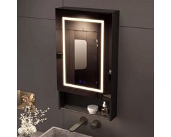 Zwarte Spiegelkast met LED-Verlichting & Ontwasemfunctie - 3 Kleuren, 88x50x16cm, Met Open Plank & Verstelbare Binnenplanken