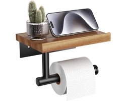 Zwarte Toiletrolhouder met Houten Plank - Wandmontage RVS voor Badkamer en Toilet